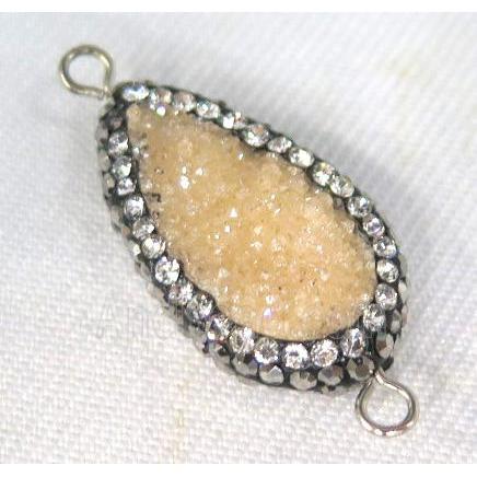 Druzy Quartz connector paved rhinestone, teardrop, gold champagne