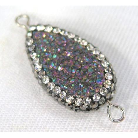 Druzy Quartz connector paved rhinestone, teardrop, rainbow