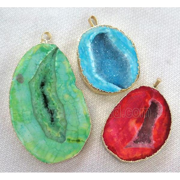 druzy agate pendant, freeform, mix color, gold plated