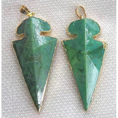 agate arrowhead pendant, green, point, gold plated