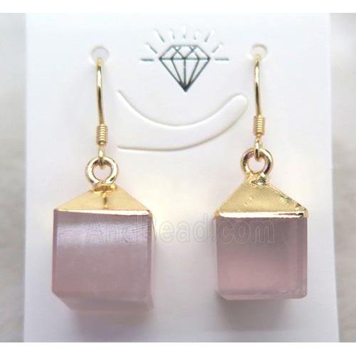rose quartz cube earring, gold plated