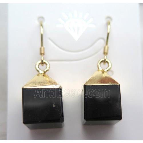 black agate earring, cube, gold plated
