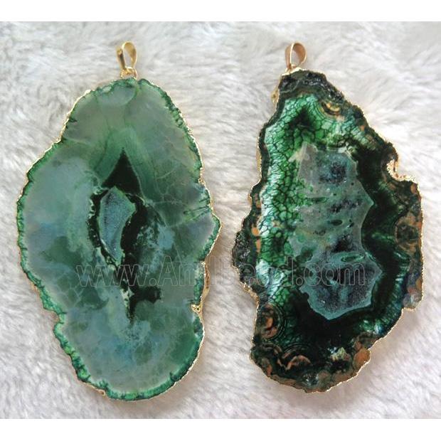 green Agate druzy slice pendant, flat freeform, gold plated