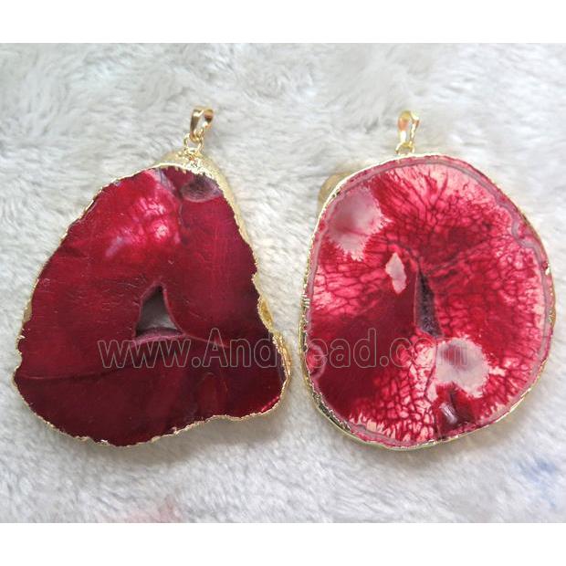 red Agate druzy slice pendant, freeform, gold plated