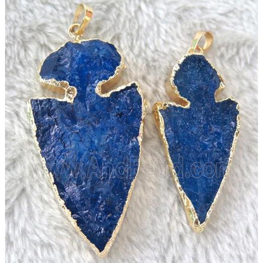 quartz arrowhead pendant, blue dye, gold plated