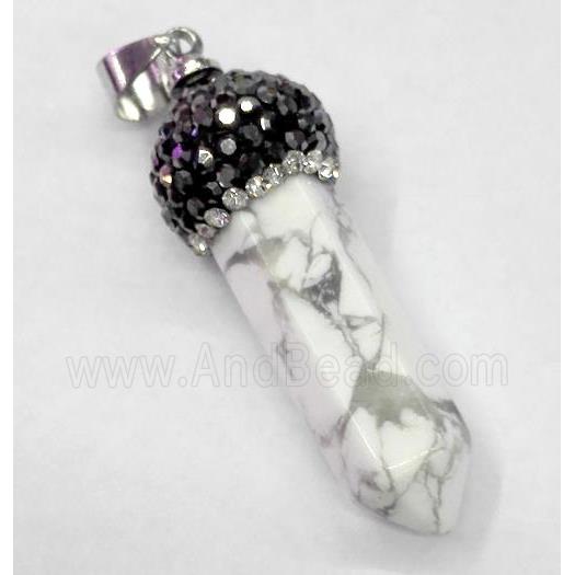 white turquoise howlite pendant paved rhinestone, bullet