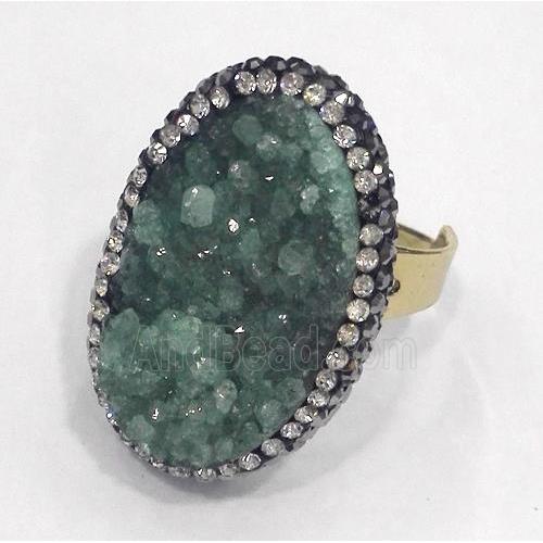green druzy quartz ring paved rhinestone, copper, gold plated
