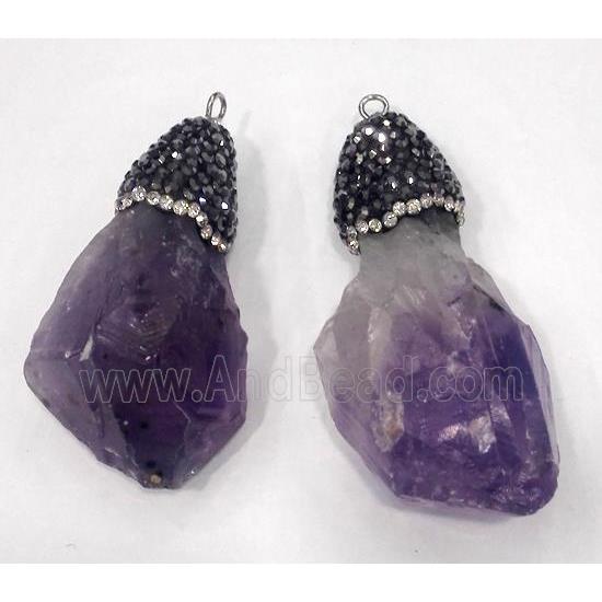 amethyst pendant paved rhinestone, purple, freeform