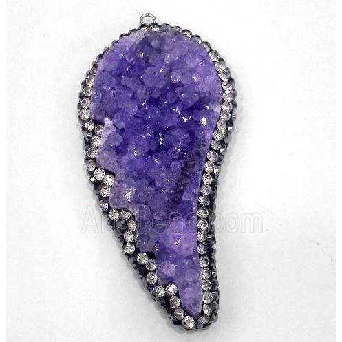 purple druzy quartz pendant paved rhinestone, wing
