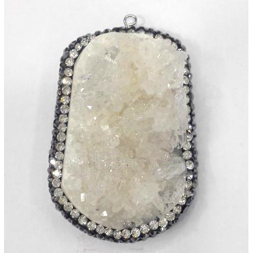 white druzy quartz pendant paved rhinestone, freeform
