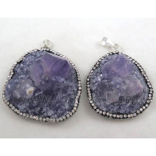 amethyst pendant paved rhinestone, freeform, resin backing