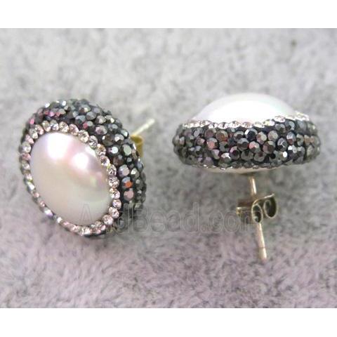 white pearl sterling silver earring studs paved rhinestone