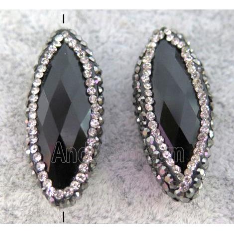 black onyx agate bead paved rhinestone, horse eye shape