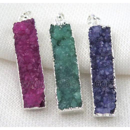 druzy quartz pendant, rectangle, mix color, silver plated
