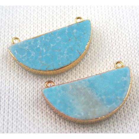 blue turquoise pendant with 2holes, half round, gold plated