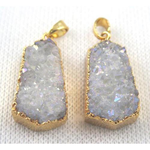 druzy quartz teardrop pendant, white AB-color, gold plated