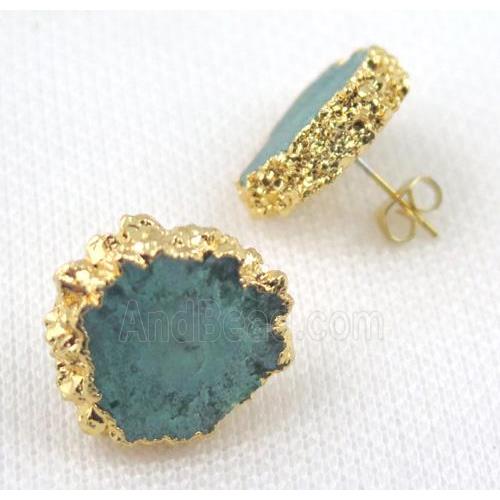 green Solar Quartz druzy earring studs, copper, gold plated