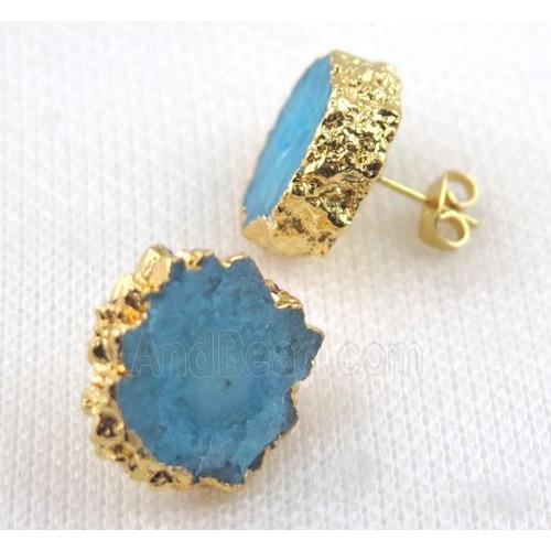 aqua Solar Quartz druzy earring studs, copper, gold plated