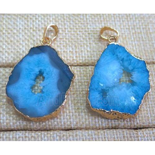 blue druzy agate slice pendant, freeform, gold plated