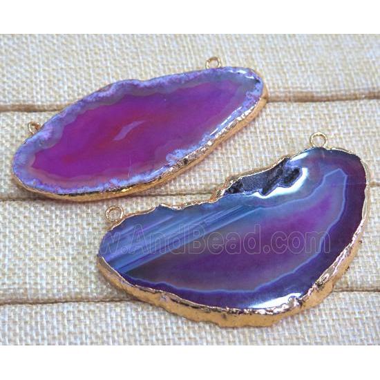 hotpink agate slice pendant with 2loops, freeform, gold plated