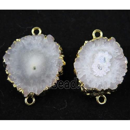 white Solar Quartz druzy slice connector, freeform, gold plated