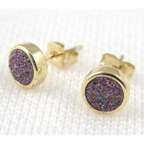 rainbow agate druzy earring stud, copper, gold plated