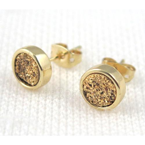 golden druzy agate earring studs, copper, gold plated