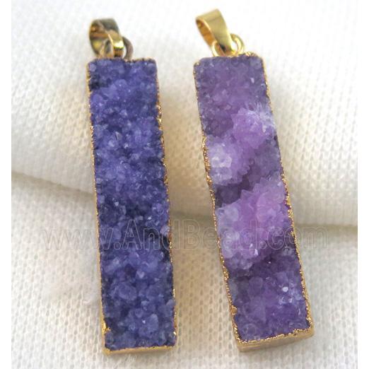 purple druzy quartz pendant, rectangle, gold plated