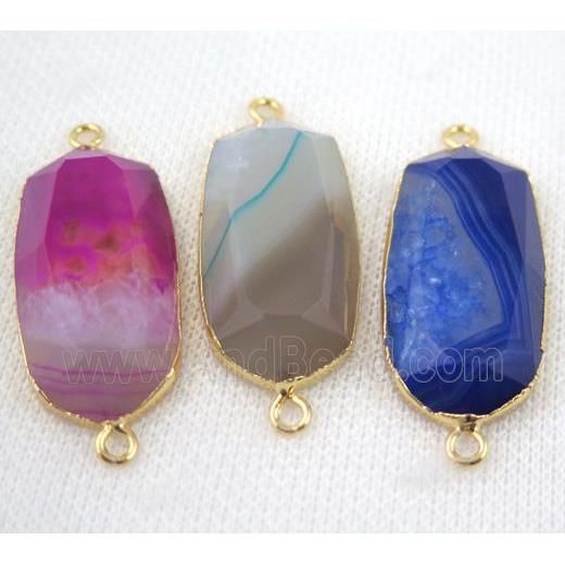 agate connector, faceted oval, mix color, gold plated