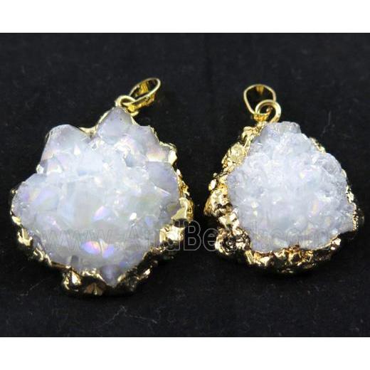 druzy quartz pendant, white AB-color, freeform, gold plated
