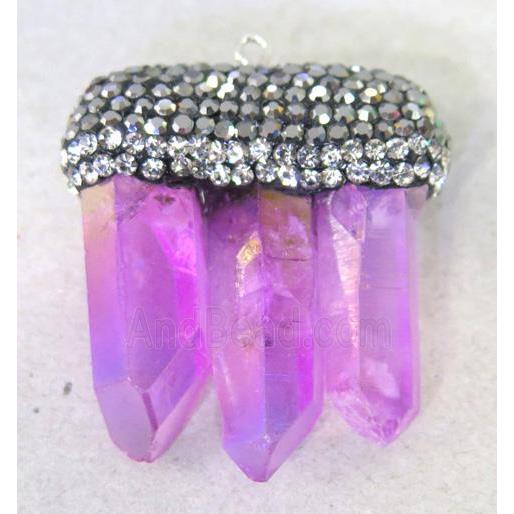 crystal quartz stick pendant paved rhinestone, hotpink