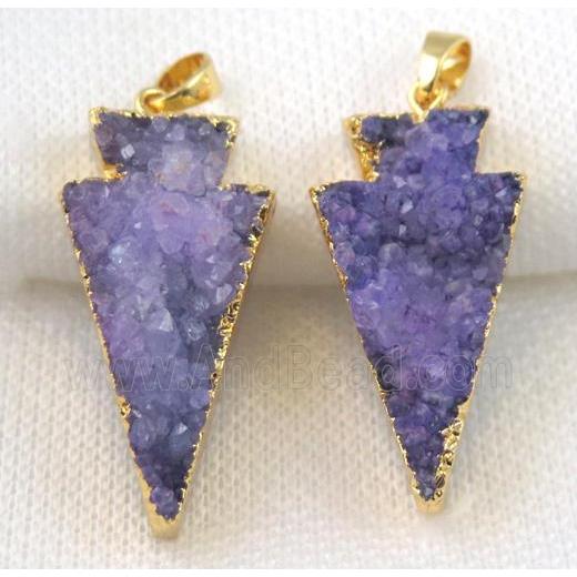 purple druzy quartz pendant, arrowhead, gold plated
