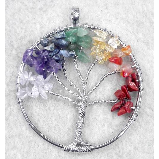 Gemstone Chips Chakra Pendant Tree Of Life Wire Wrapped Platinum Plated