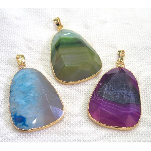 agate pendant, mix color, faceted teardrop, gold plated