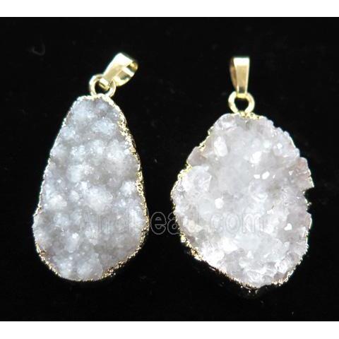 white druzy agate pendant, freeform, gold plated