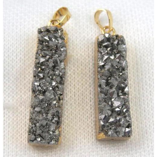 druzy quartz pendant, silver, rectangle, gold plated