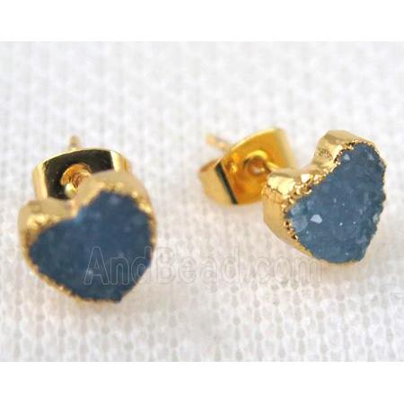 blue agate druzy heart earring stud, copper, gold plated