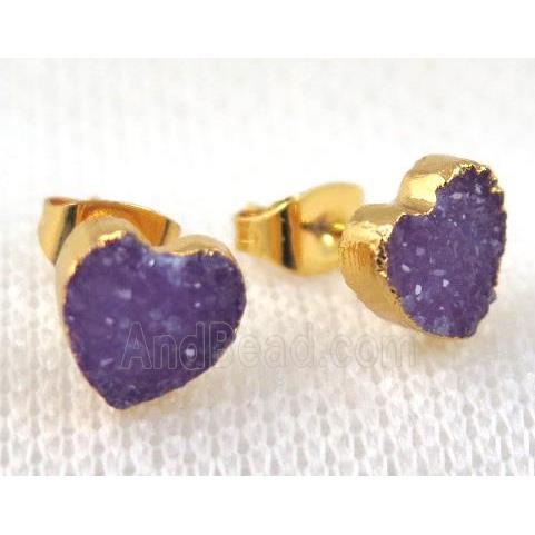 purple agate druzy heart earring stud, copper, gold plated