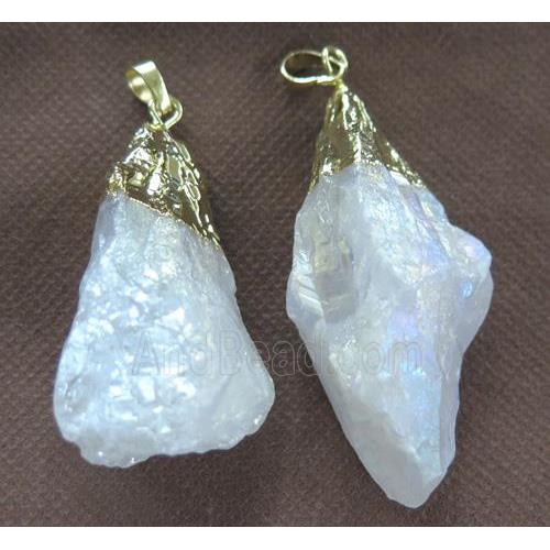Clear Quartz Nugget Pendant, freeform, white AB-color