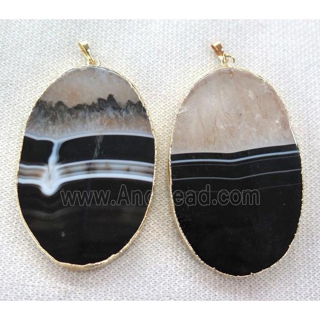 black agate pendant white druzy, oval, gold plated