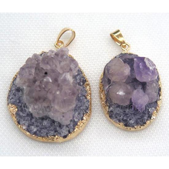 Amethyst druzy pendant, purple, freeform, gold plated
