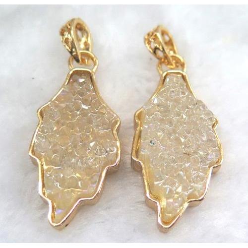 druzy resin pendant, leaf, gold plated