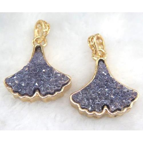 druzy resin pendant, leaf, gold plated