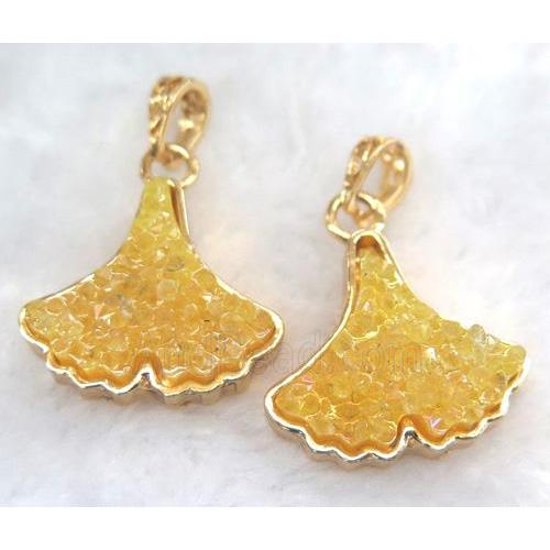 druzy resin pendant, leaf, gold plated