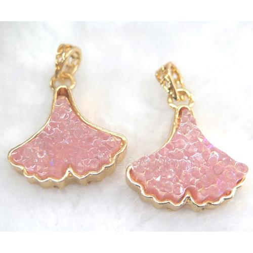 druzy resin pendant, leaf, gold plated
