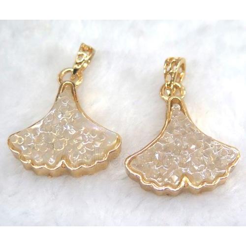 druzy resin pendant, leaf, gold plated