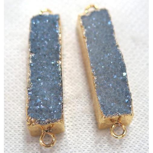 druzy quartz connector, gray-blue, rectangle, gold plated
