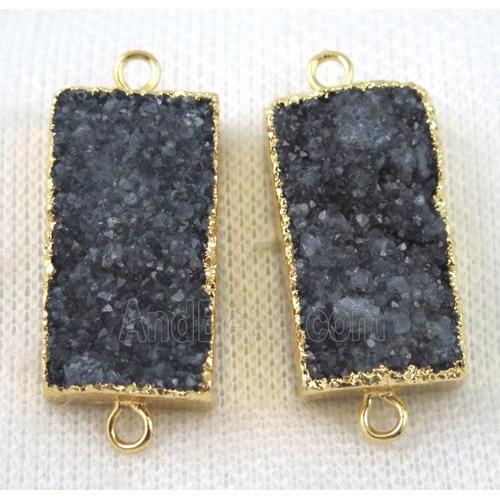 black druzy quartz connector, rectangle, gold plated
