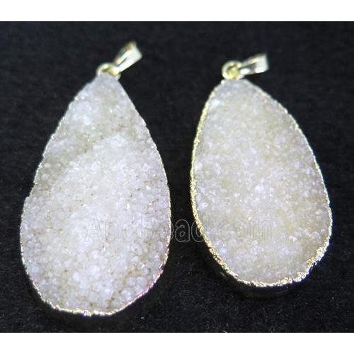 white druzy quartz pendant, teardrop, gold plated