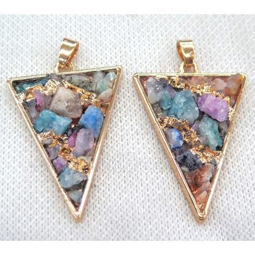 colorful tourmaline pendant, triangle, copper, gold plated